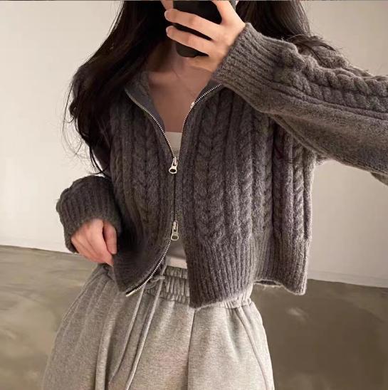 Damen modische Strickjacke mit strukturiertem Zopfmuster und kurzem Schnitt EB