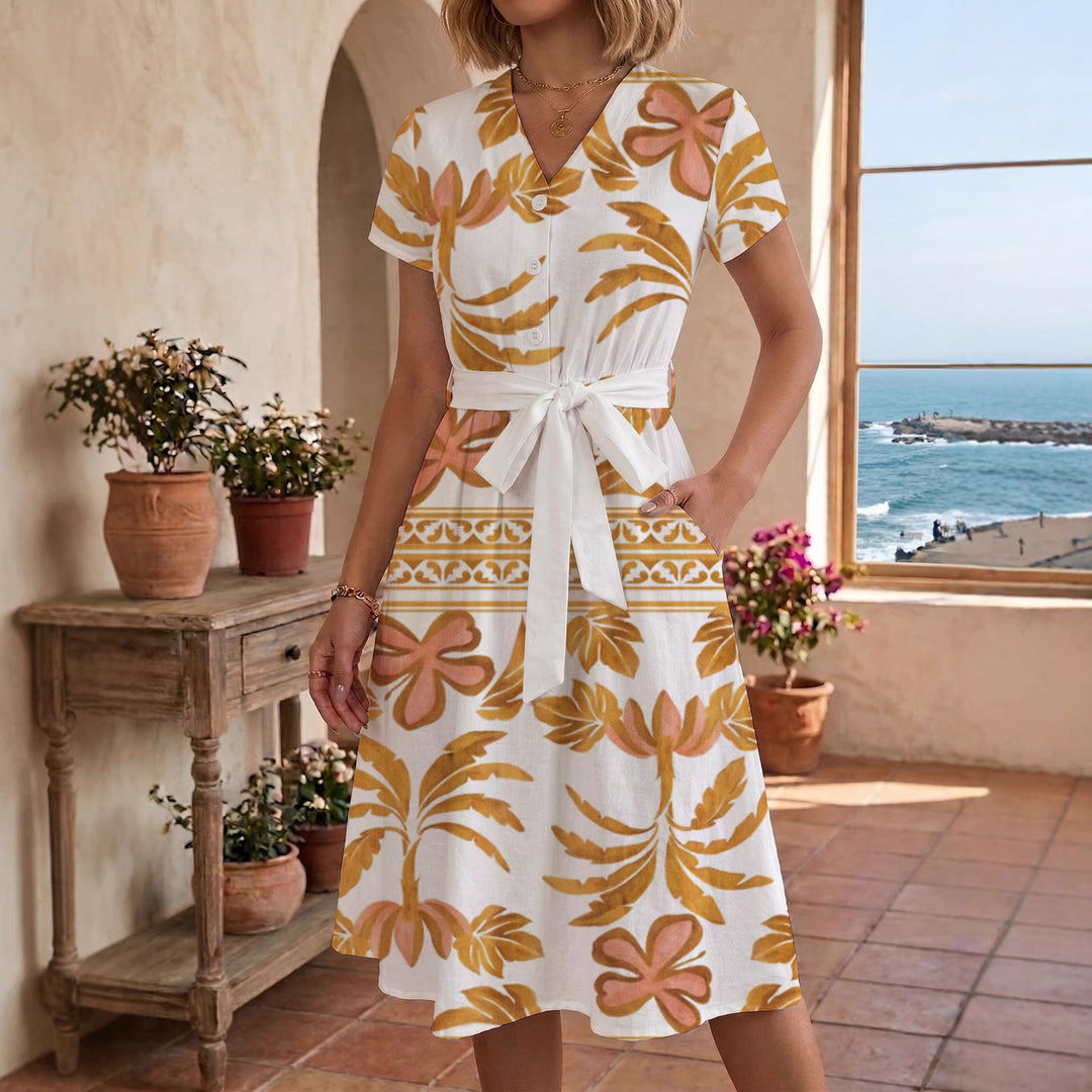 Damen Blühendes Midikleid mit taillierbarem Gürtel und kunstvollem Print EB