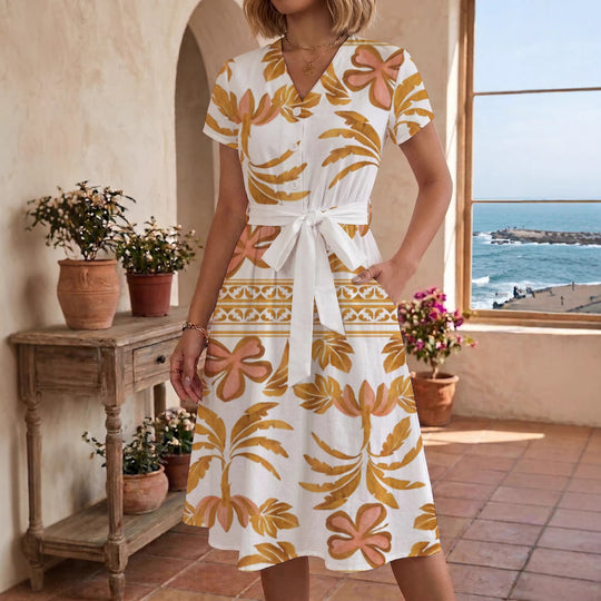 Damen Blühendes Midikleid mit taillierbarem Gürtel und kunstvollem Print EB