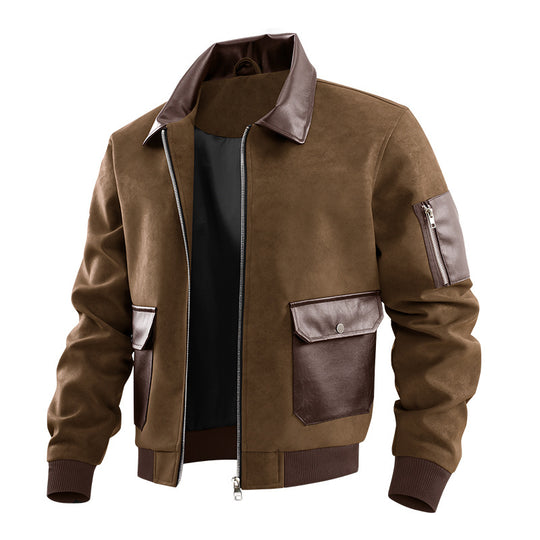 Men's  suede-effect flight jacket with leather-trim flap pockets and sleeve zip pocket EB