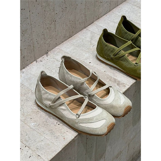 Damen Ballerina-Slipper mit Kreuzriemchen, Wildleder- und Krokostruktur EB