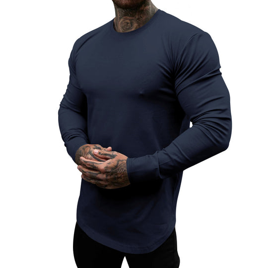 Herren nan figurbetontes Langarmshirt mit Rundhalsausschnitt, elastischem Baumwollstretch und verlängertem Saum EB