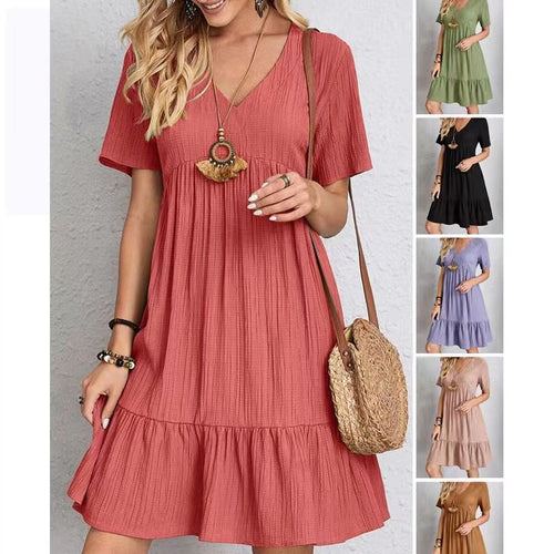 Damen lässiges V-Ausschnitt Kleid mit Schößchen und Rüschendetails EB