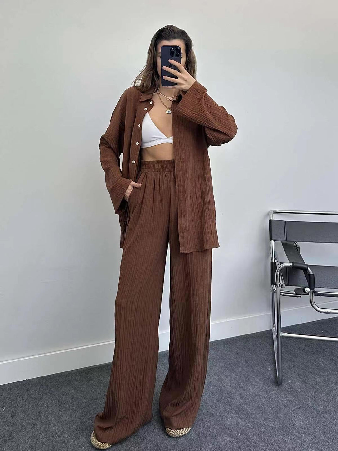 Damen lässiges Übergrößen-Hemd und lockere Hose Set EB
