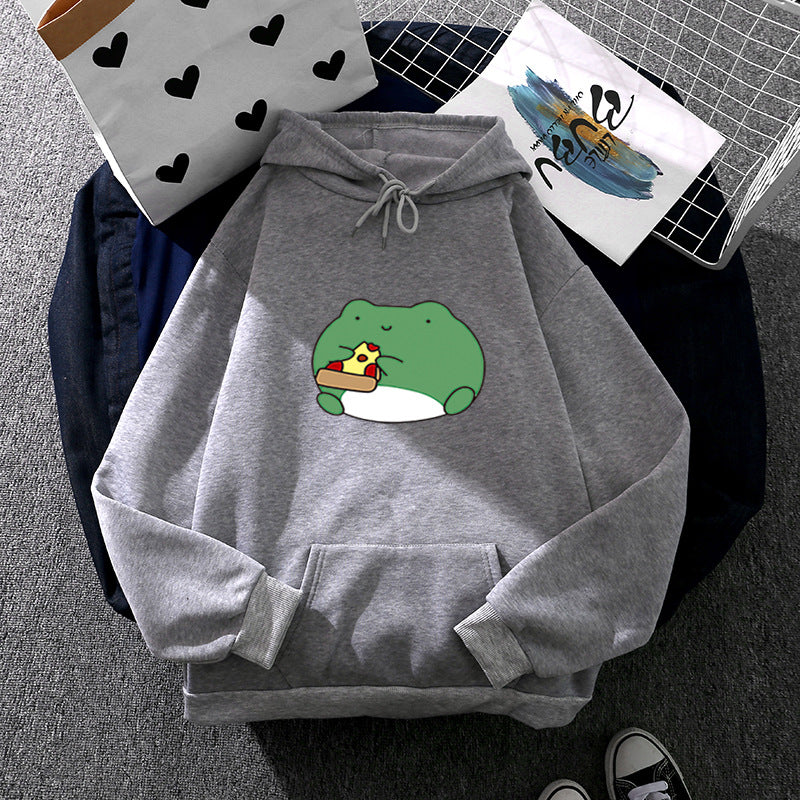 Damen nan gemütlicher Kapuzenpullover mit kawaii Frosch‑Pizza‑Motiv und oversized Relax‑Fit EB