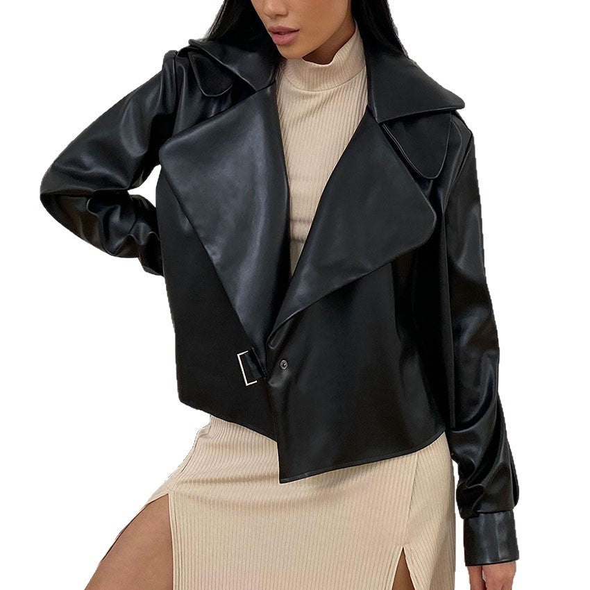 Damen Modische Kunstlederjacke mit elegantem Reverskragen und asymmetrischem Schnitt EB