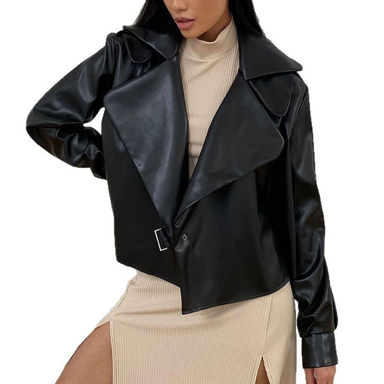 Damen Modische Kunstlederjacke mit elegantem Reverskragen und asymmetrischem Schnitt EB