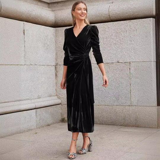 Damen Elegantes Wickelkleid mit Puffärmeln und Goldakzenten EB