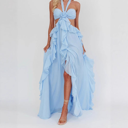 Damen Maxikleid mit Rüschen und Bandeau-Ausschnitt EB