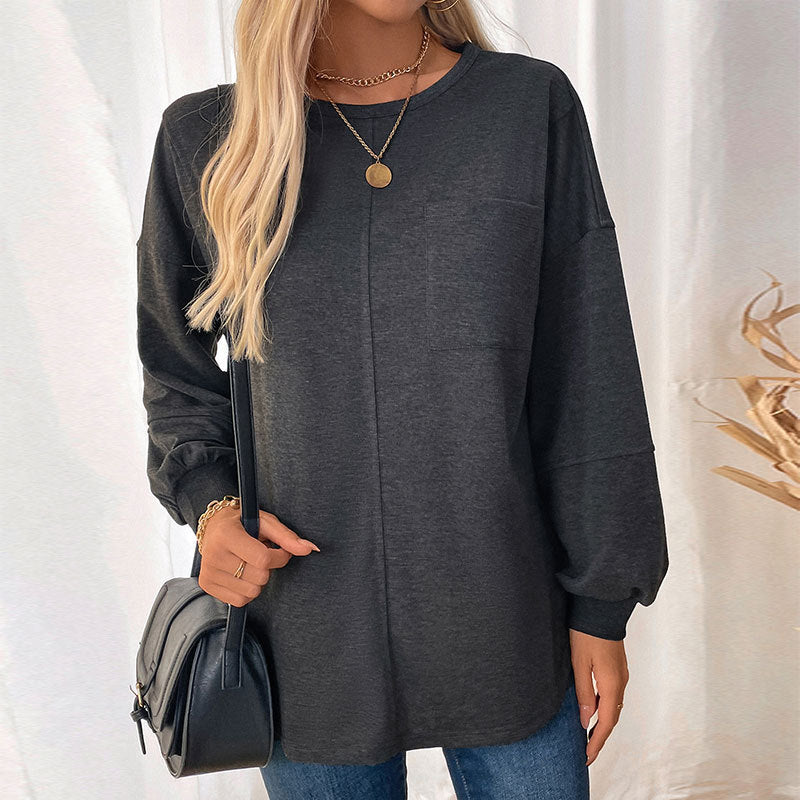 Damen modisches Sweatshirt mit voluminösen Ärmeln und aufgesetzter Brusttasche EB