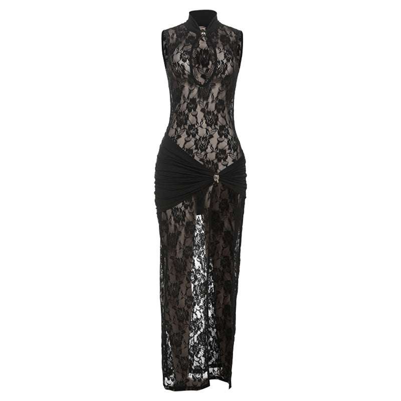 Damen Transparente Spitzenkleid mit elegantem Drapierungsdesign EB