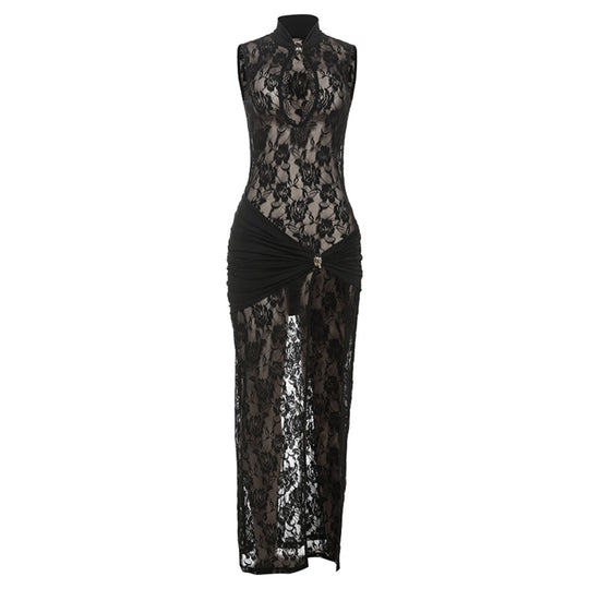 Damen Transparente Spitzenkleid mit elegantem Drapierungsdesign EB