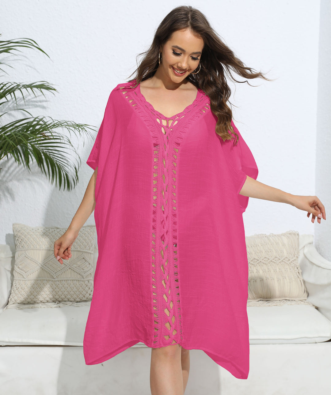 Damen luftiger Kaftan mit filigranem Häkelmuster EB