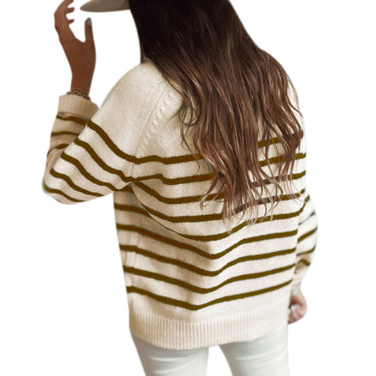 Damen Komfortabler Strickpullover mit Streifenmuster und Knopfleiste EB