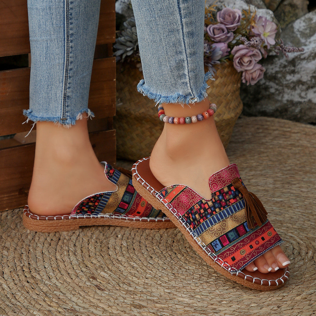 Damen bequeme Pantoletten mit buntem Streifen-Design und Quasten-Detail EB