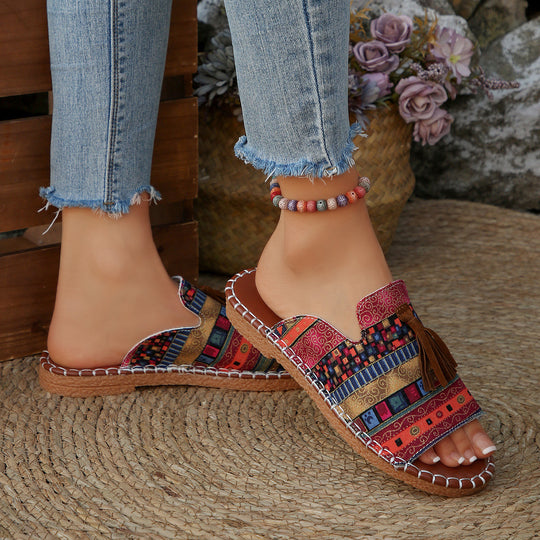 Damen bequeme Pantoletten mit buntem Streifen-Design und Quasten-Detail EB