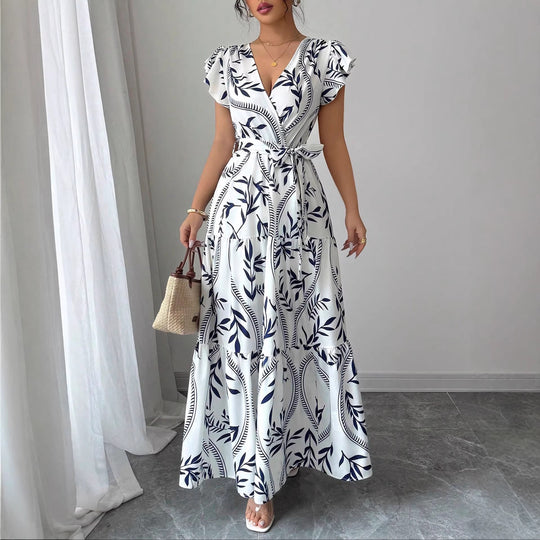 Damen Maxikleid im boho-inspirierten Design mit floralen Elementen und taillierbarem Gürtel EB