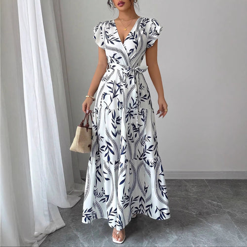 Damen Maxikleid im boho-inspirierten Design mit floralen Elementen und taillierbarem Gürtel EB