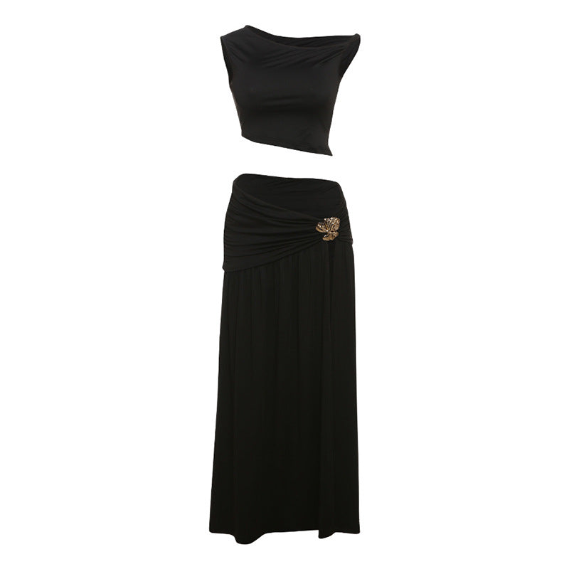 Damen Elegantes Crop Top und Hochgeschnittener Maxi-Rock Set EB