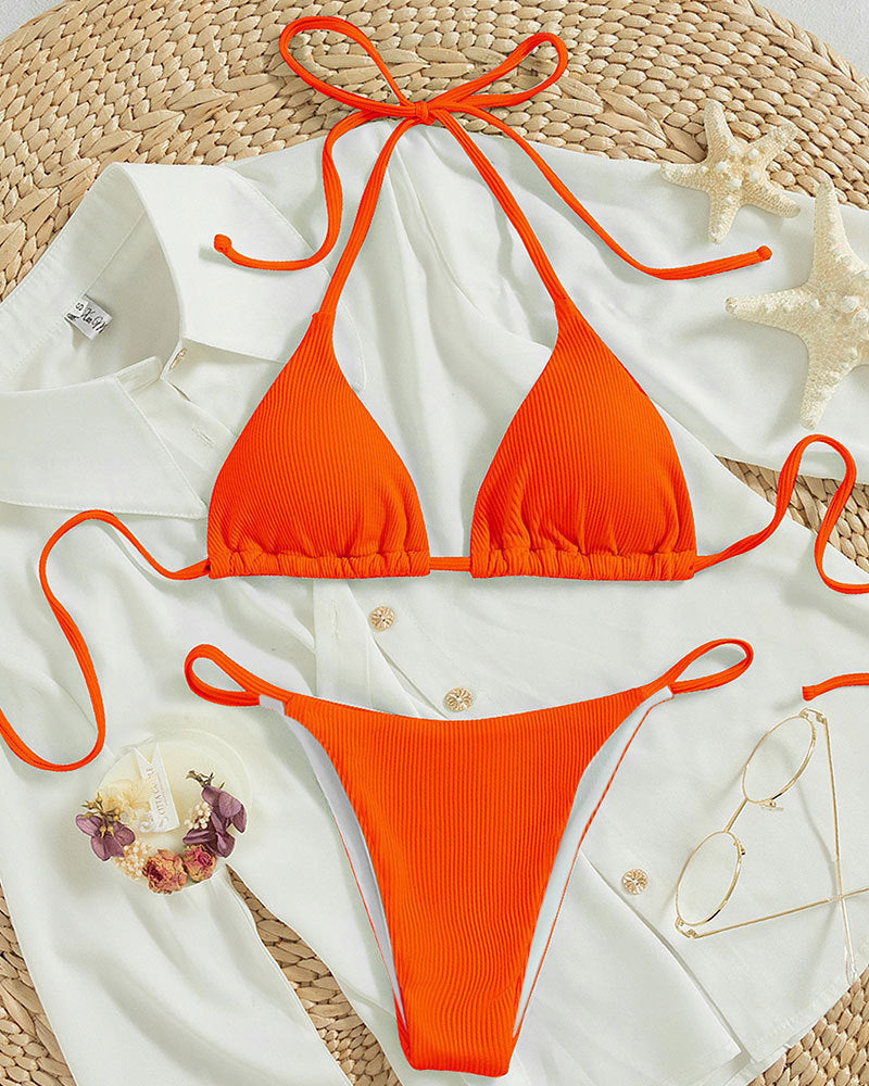 Damen Triangel-Bikini mit feinem Rippstruktur und verspielten Bindebändern EB