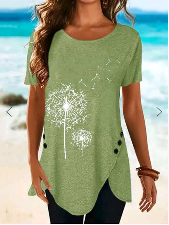 Damen Kurzarmshirt mit asymmetrischem Saum und Dandelion-Print EB