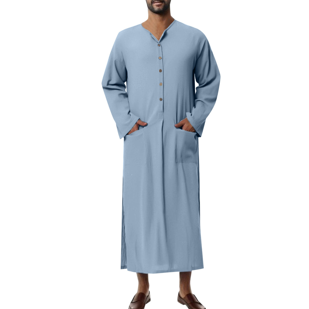 Herren nan weites langes Tunika-Kaftan aus atmungsaktivem Leinen mit Stehkragen Knopfblende und aufgesetzten Taschen EB