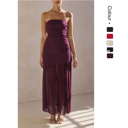 Damen Elegantes Bandeau-Maxi-Kleid mit fließendem Chiffon-Rock und figurbetontem Oberteil EB