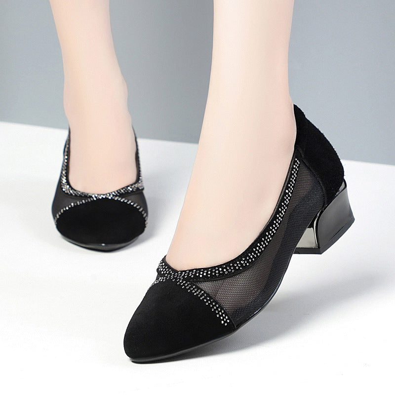Damen Elegante Ballerinas mit transparentem Mesh-Einsatz und funkelndem Strassdetail EB