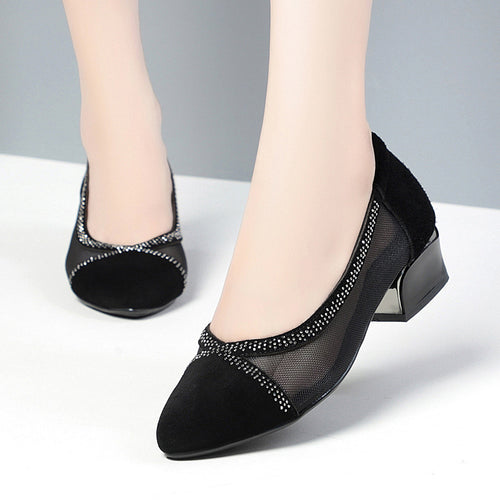 Damen Elegante Ballerinas mit transparentem Mesh-Einsatz und funkelndem Strassdetail EB