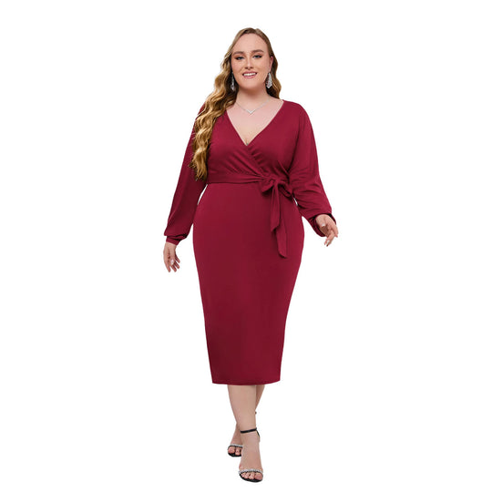 Damen Elegantes Wickelkleid mit taillierter Silhouette und langem Arm EB
