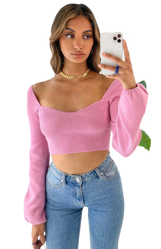 Damen elegantes cropped Oberteil mit schicker Rippstruktur und weitem Ärmel EB