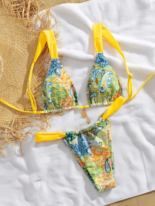 Damen Triangel-Bikini mit buntem Paisleymuster und verstellbaren Trägern EB