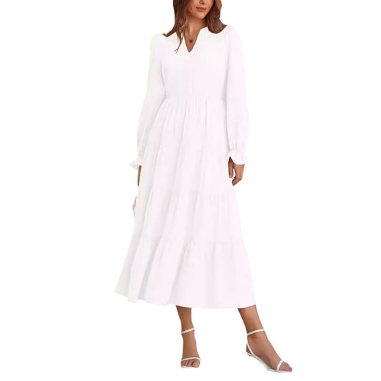 Damen Maxikleid mit romantischen Rüschendetails und elegantem V-Ausschnitt EB