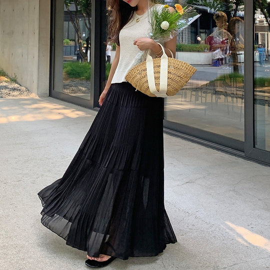 Damen Falten Maxi Rock EB