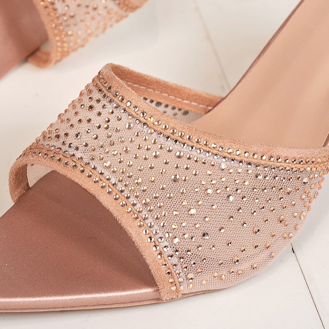 Damen Glamouröse Mules mit funkelnden Strasssteinen und elegantem, transparentem Obermaterial EB