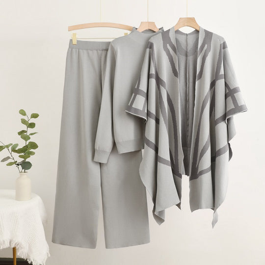 Damen trendiges Strick-Loungewear-Set mit grafischem Poncho-Design EB
