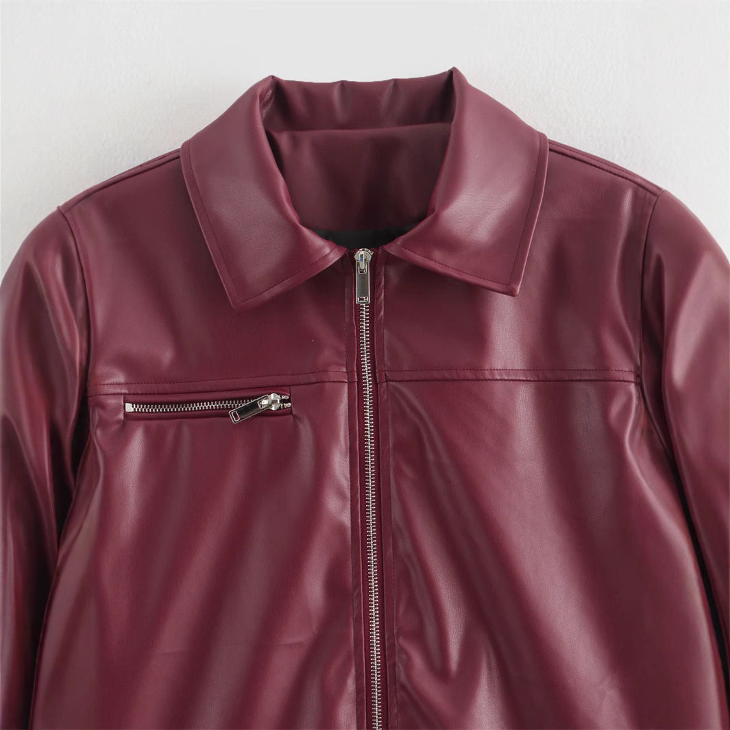 Damen Kunstlederjacke mit modernem Stehkragen und praktischen Reißverschlusstaschen EB