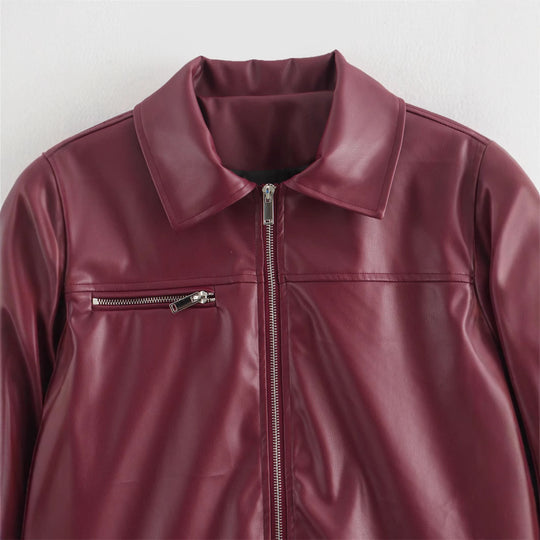 Damen Kunstlederjacke mit modernem Stehkragen und praktischen Reißverschlusstaschen EB
