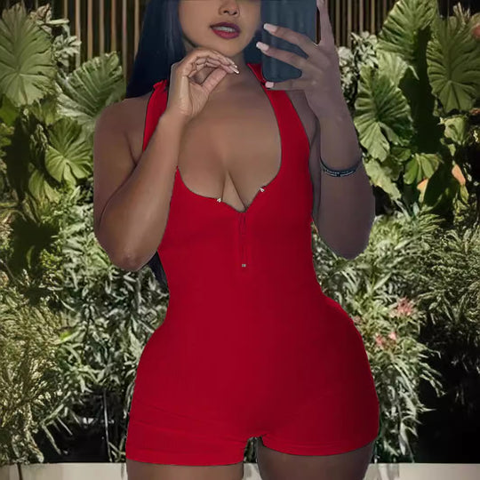 Damen Jumpsuit mit tiefem V-Ausschnitt und Reißverschluss EB