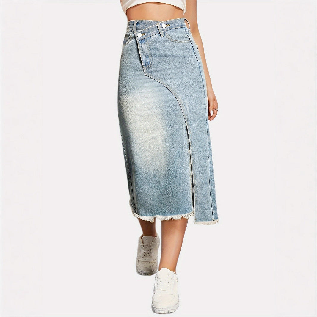 Damen Denim-Midi-Rock mit asymmetrischem Schnitt und fransigem Saum EB