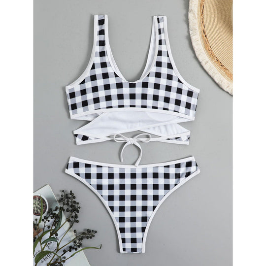 Damen Triangel-Bikini mit modernem Wickel-Design und verspieltem Karomuster EB