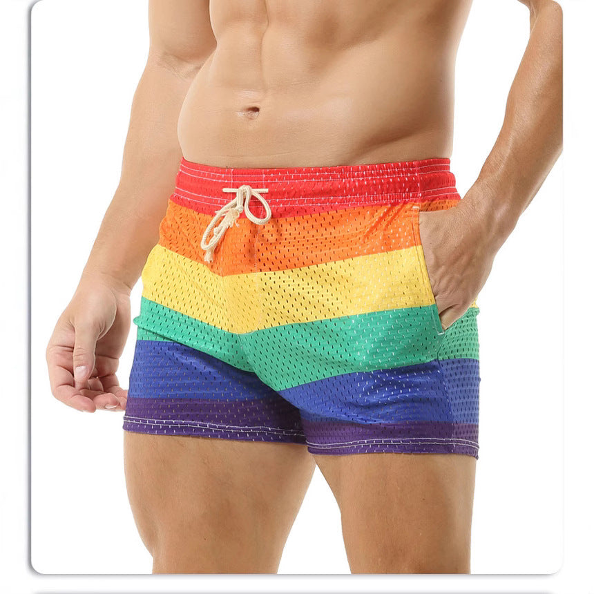 Herren Badeshorts mit atmungsaktivem Netzmaterial und buntem Regenbogenmuster EB