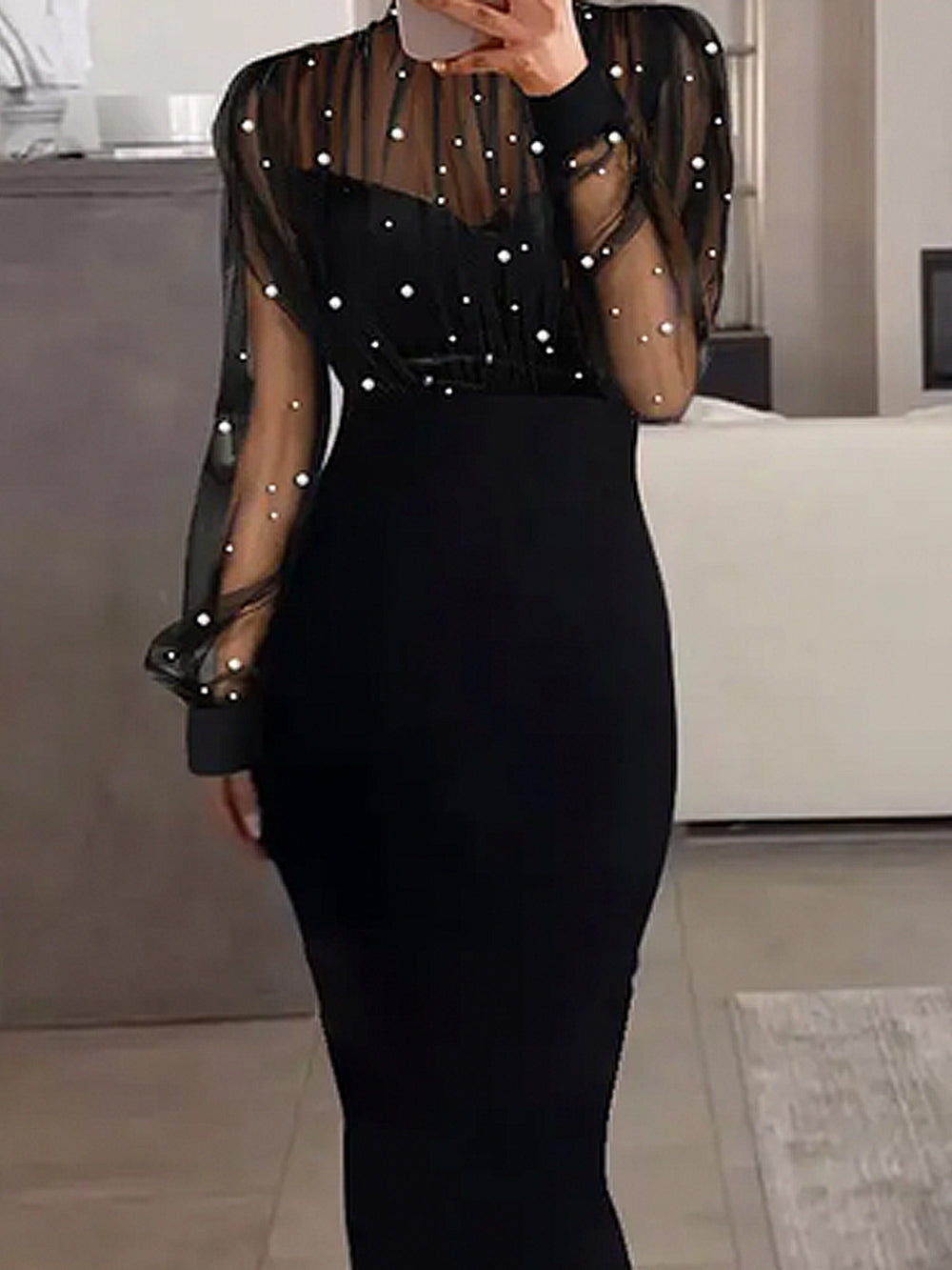 Damen Elegantes Abendkleid mit transparenten Ärmeln und Perlendetails EB