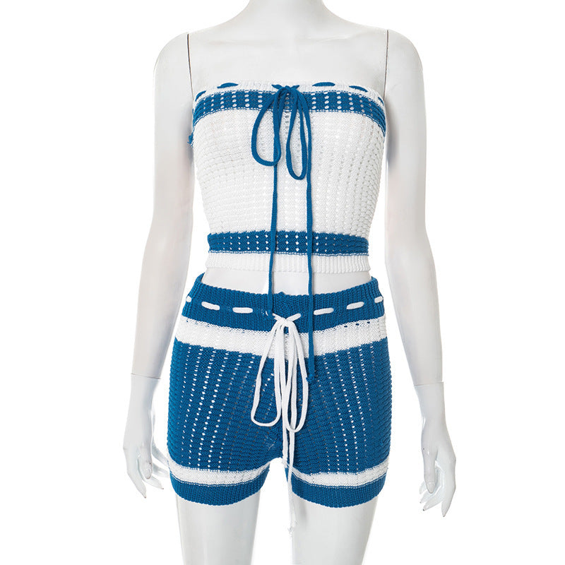 Damen Knitted Bandeau Set mit Shorts und verstellbarem Kordelzug EB