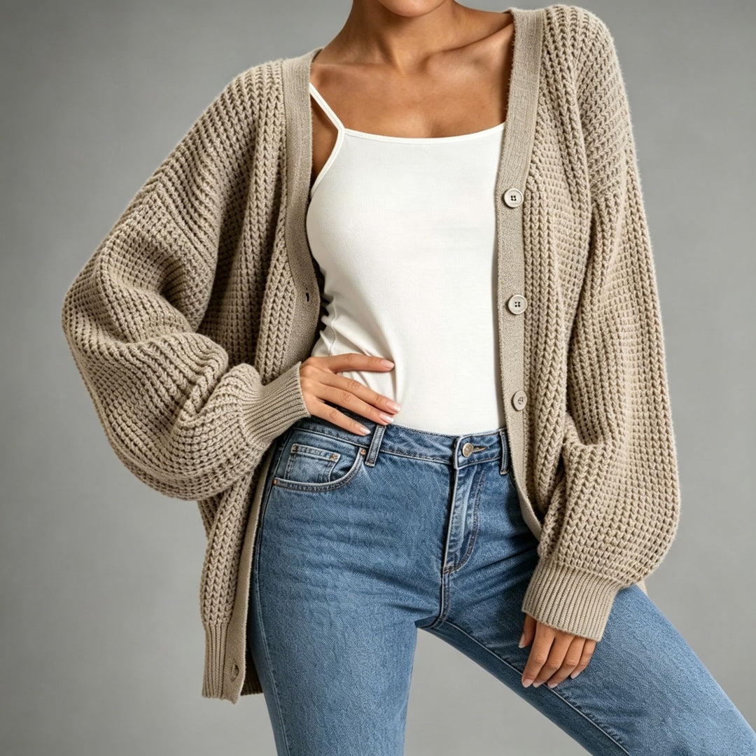 Damen Oversize Grobstrick-Cardigan mit Ballonärmeln und Knopfleiste EB