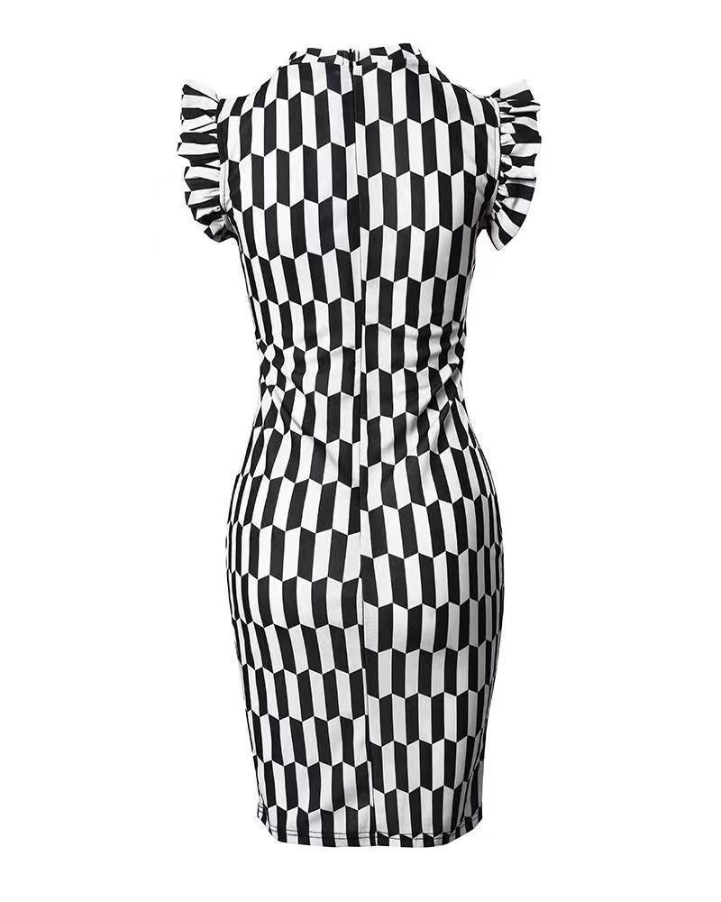 Damen figurbetontes Kleid mit Rüschendetails und geometrischem Muster EB