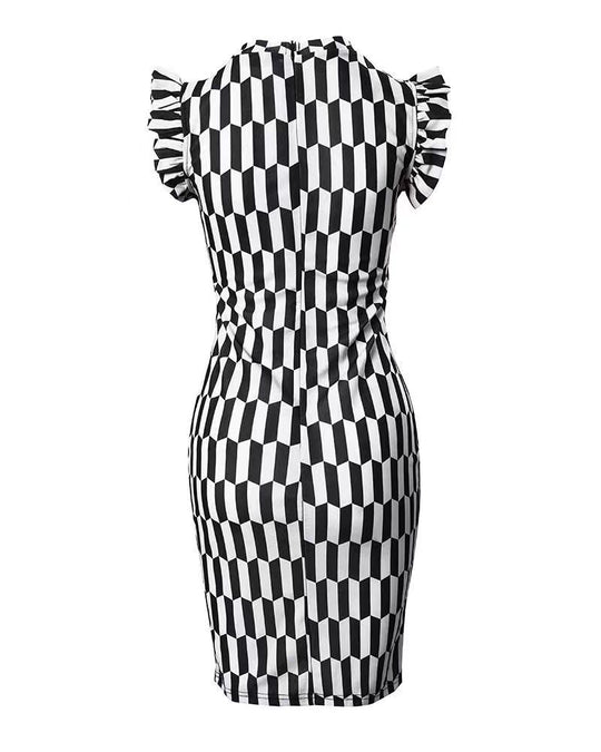Damen Figurbetontes Kleid mit Rüschendetails und geometrischem Muster EB
