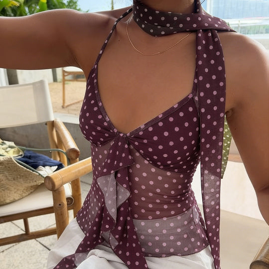 Damen luftiges Haltertop mit verspieltem Punkte-Design und Rüschendetails EB