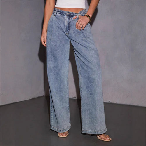 Damen Weite High-Waist Jeans im lässigen Vintage-Stil mit fransigem Saum EB