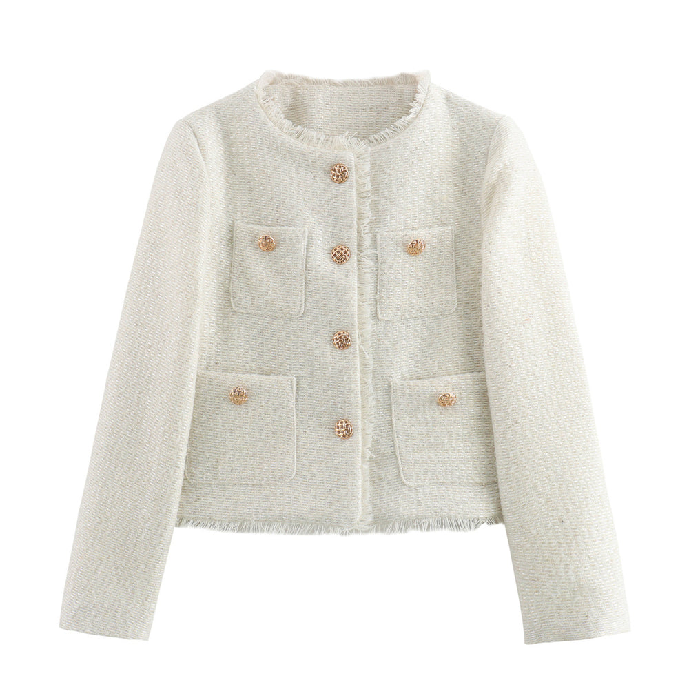 Damen elegante Tweedjacke mit Fransen und praktischen Taschen EB